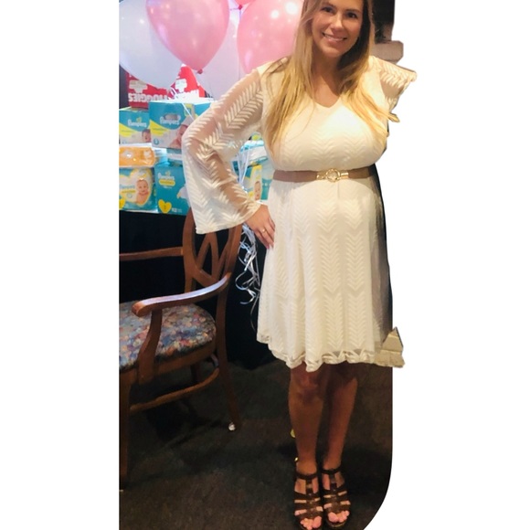 Ivory Chevron Mesh Overlay Maternity Dress - Picture 9 of 9